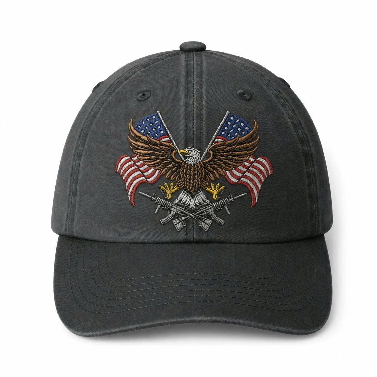 Patriotic Bald Eagle Embroidered Veteran Cap – American Flag Crossed Rifles Military Dad Hat