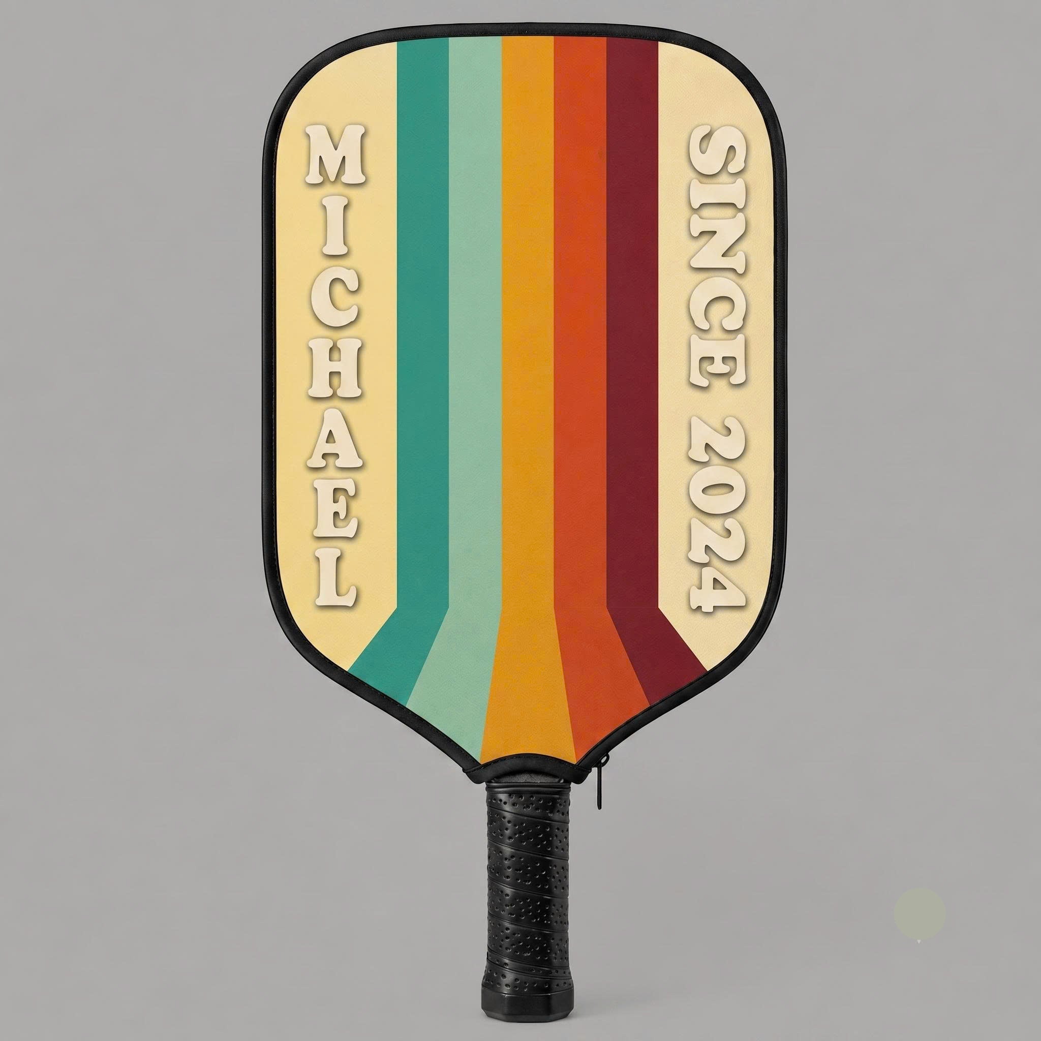 Personalized Pickleball Paddle Cover – Custom Name & Year Neoprene Paddle Case | Retro Vintage Rainbow Design