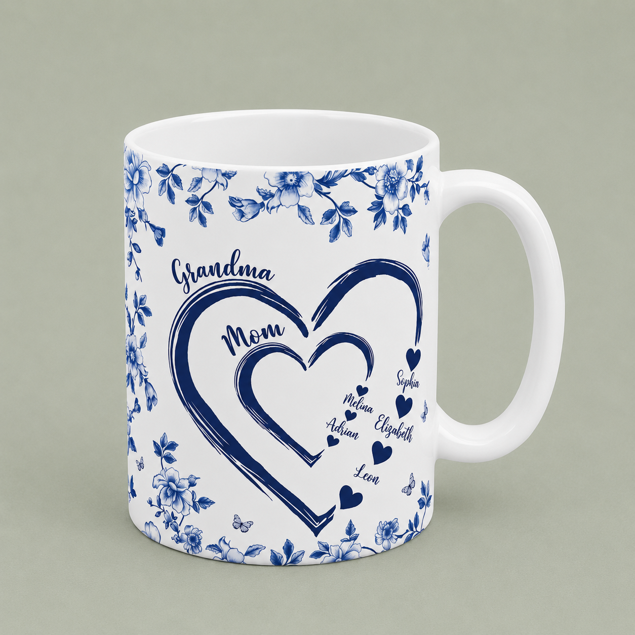 Custom Grandma Mom Heart Mug – Personalized Family Names Gift | Mother’s Day, Grandma Gift 🎁💙
