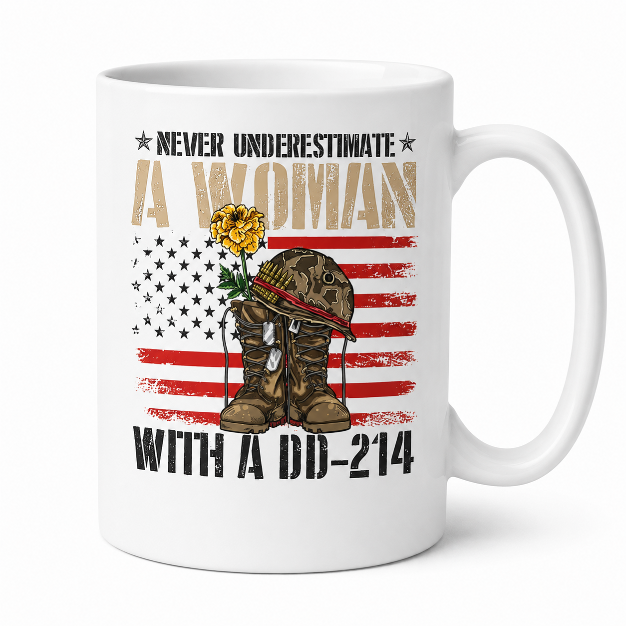 Never Underestimate A Woman With A DD-214 Mug – Female Veteran Military Coffee Mug Gift