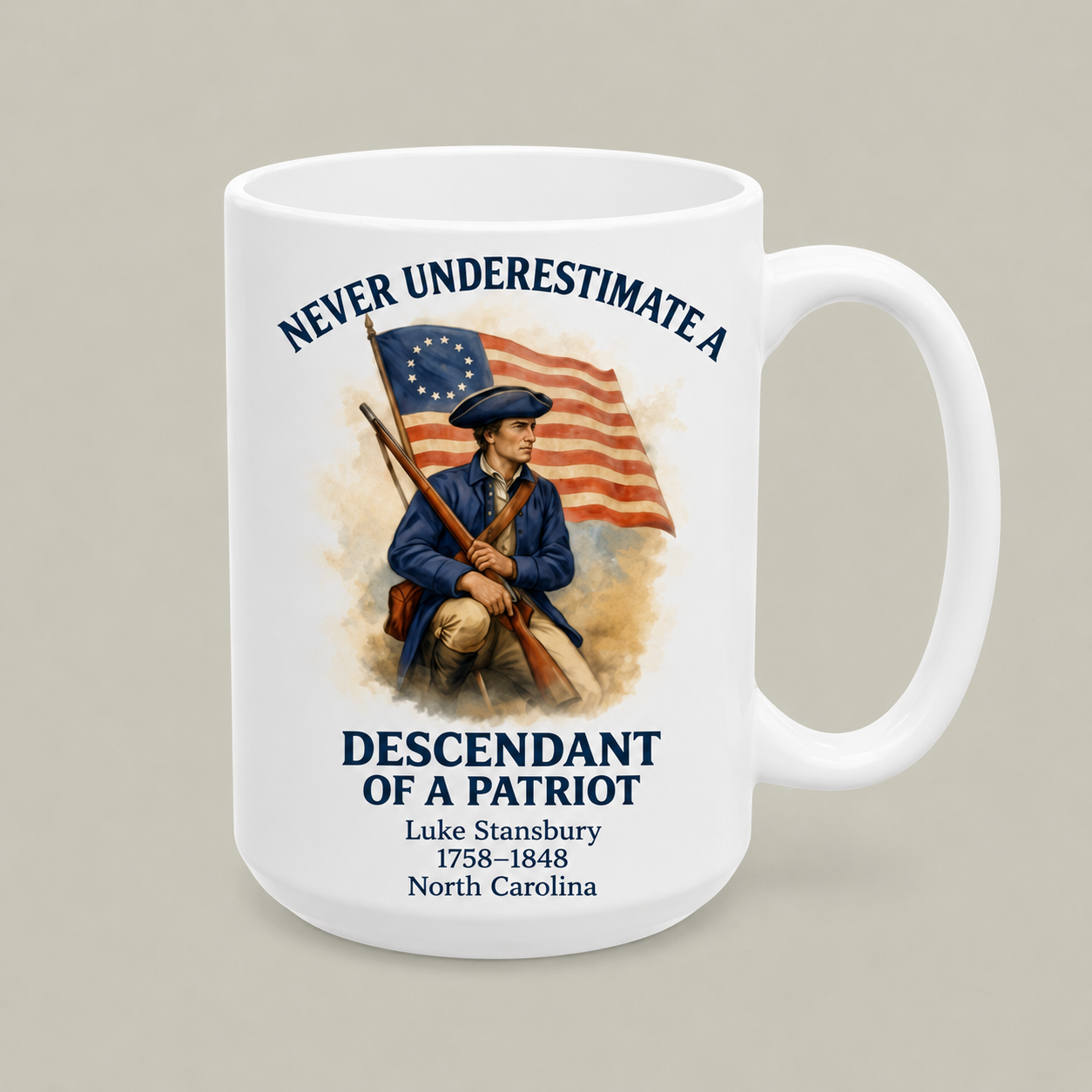 Custom Descendant of a Patriot Mug – Personalized Revolutionary War Heritage Coffee Mug 🇺🇸⚔️