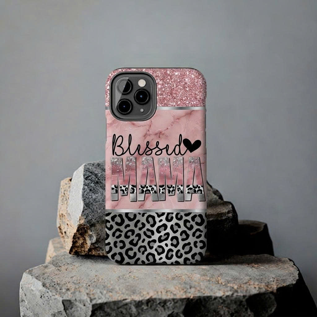 Personalized Blessed Mama iPhone Case – Pink Marble & Glitter Leopard Print | Custom Name Gift for Mom