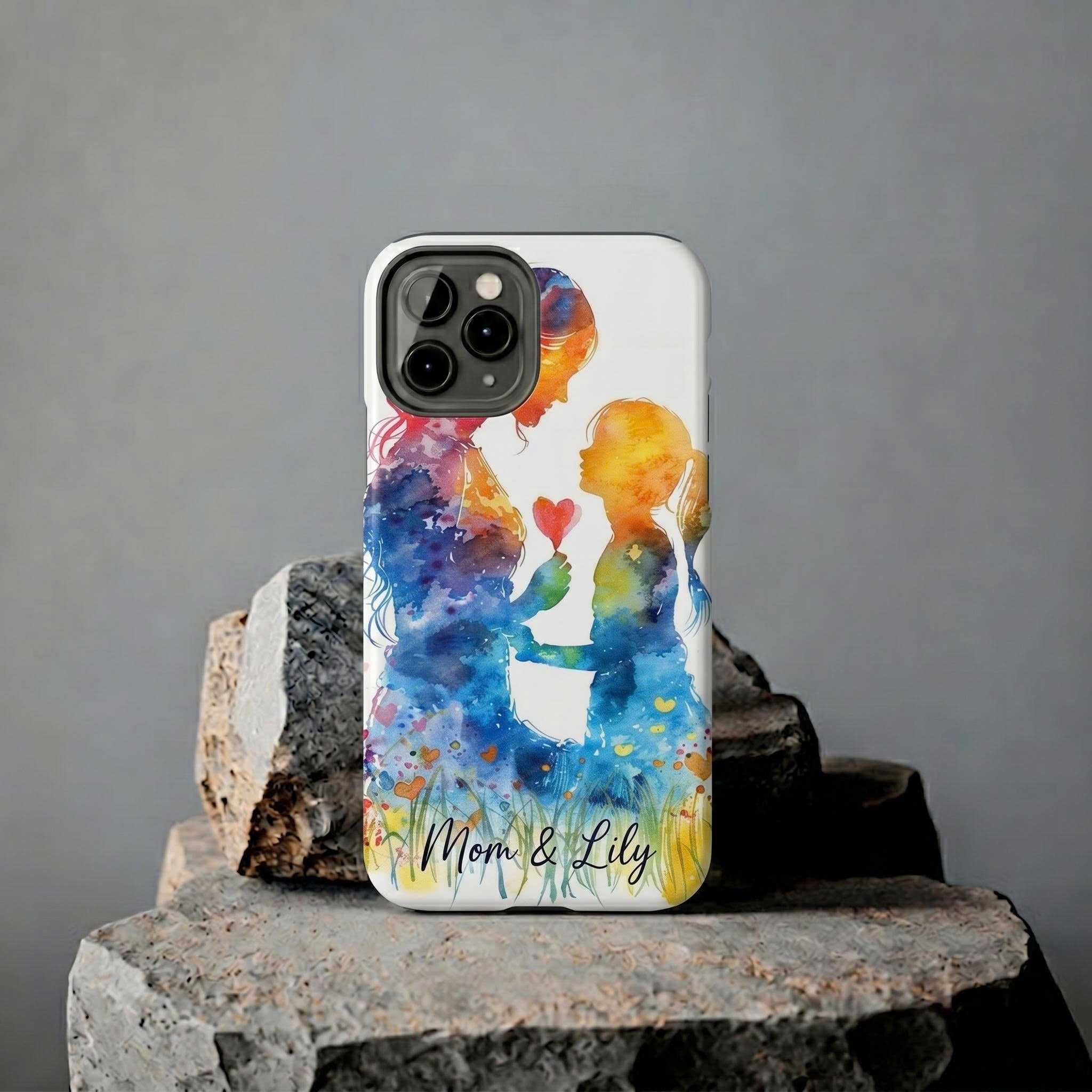 Personalized Mom & Daughter iPhone Case – Watercolor Love Silhouette | Custom Name Gift for Mom