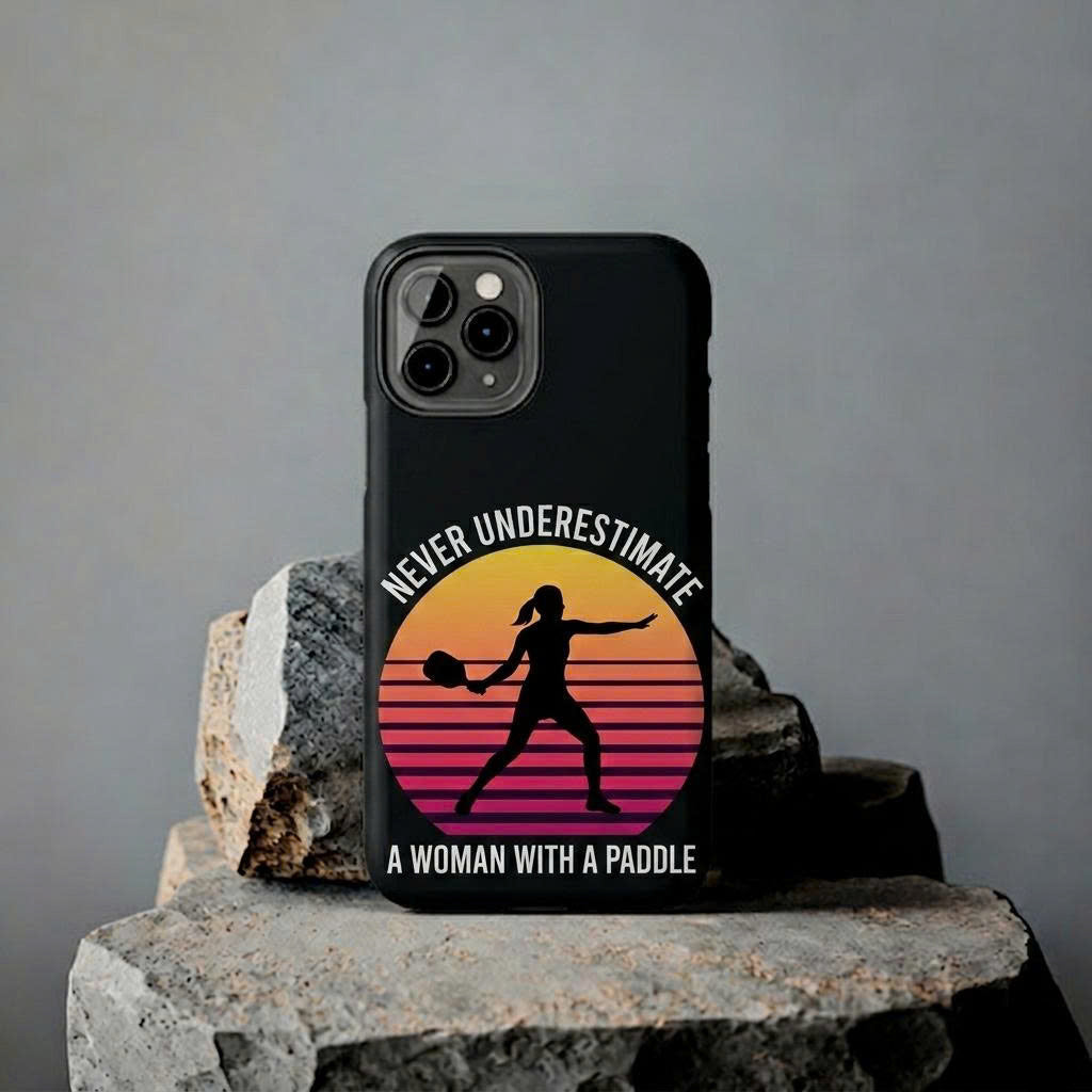 Vintage Pickleball Woman iPhone Case – “Never Underestimate a Woman with a Paddle” Retro Sunset Phone Case