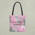 Live in the Moment Tote Bag – Tropical Pink Leaf Canvas Bag | Aesthetic Inspirational Gift
