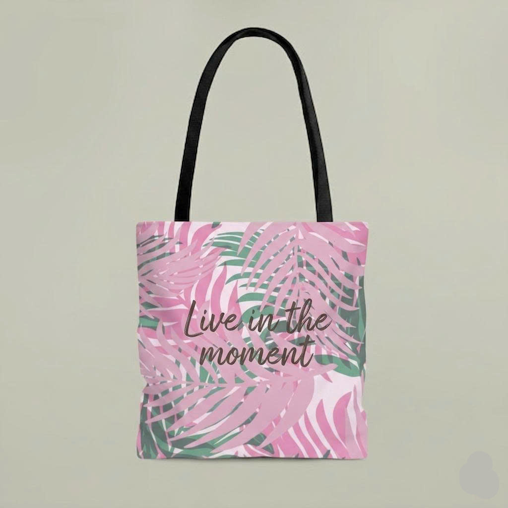 Live in the Moment Tote Bag – Tropical Pink Leaf Canvas Bag | Aesthetic Inspirational Gift