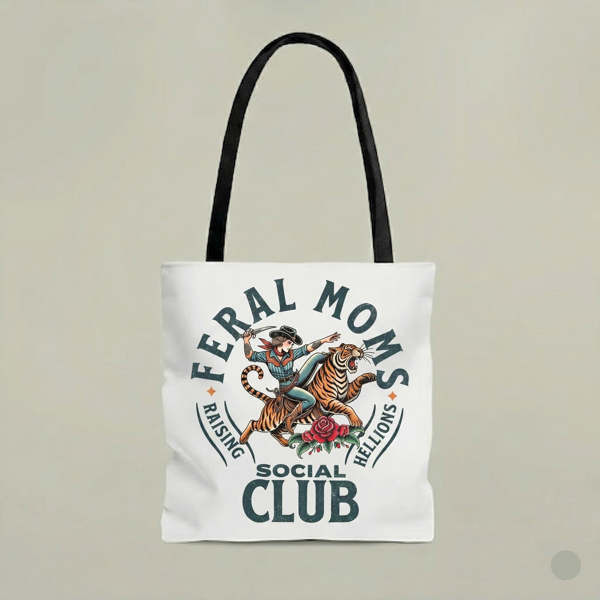 Feral Moms Social Club Tote Bag – Funny Mom Canvas Tote, Raising Hellions Graphic Bag, Western Mama Gift