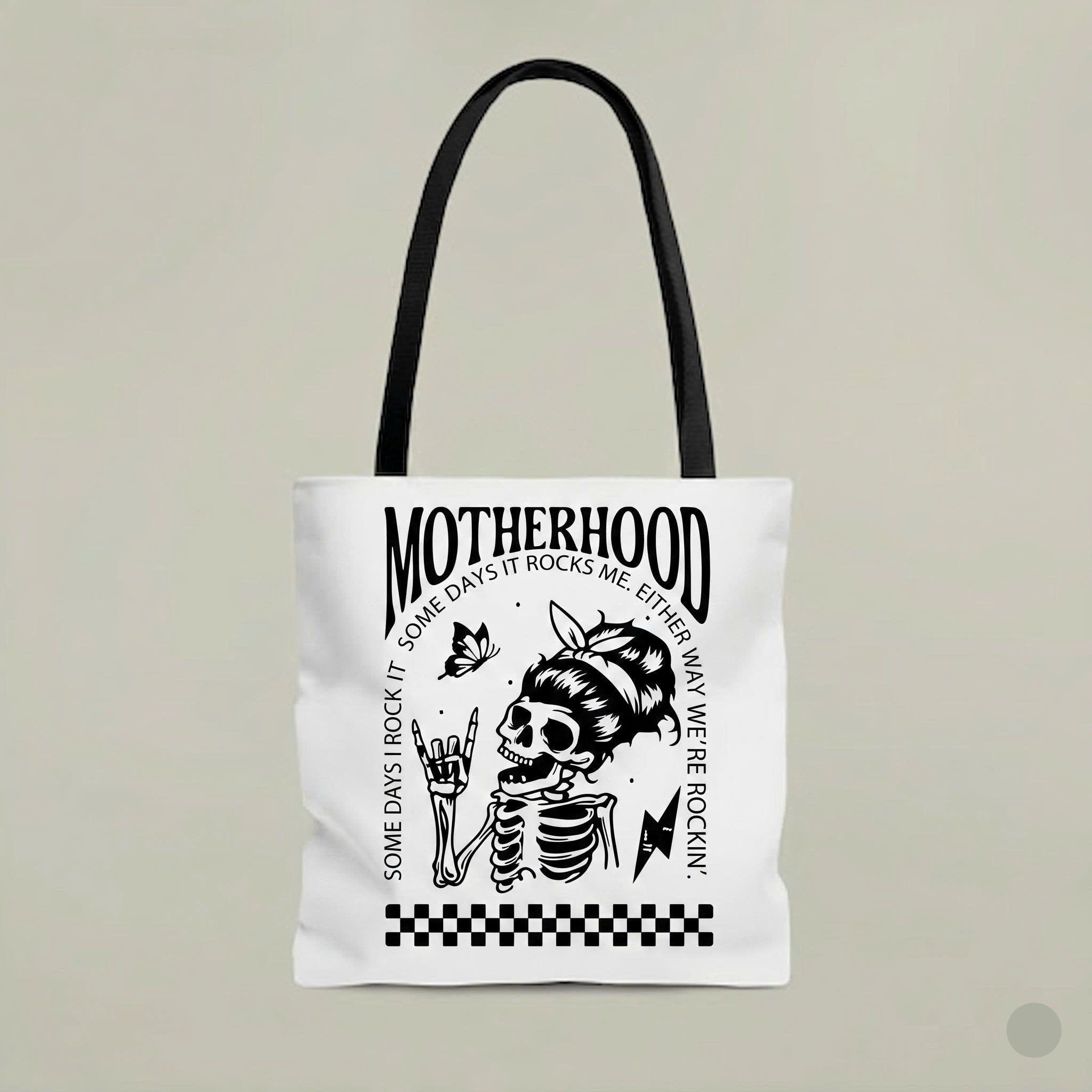 Motherhood Rocks Tote Bag – Funny Skeleton Mom Canvas Tote, Rocker Mama Graphic Bag, Cool Motherhood Gift